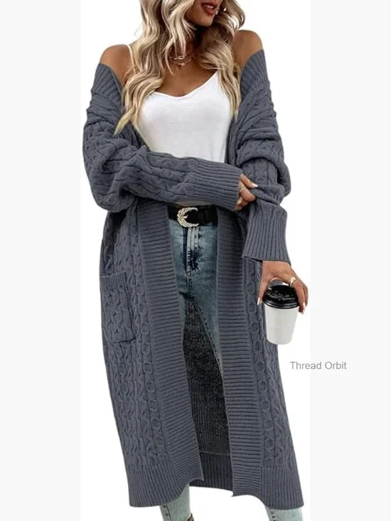 Long Cable Knit Cardigan Sweater with Pockets Open Front Loose Fit - Picture 1 of 7